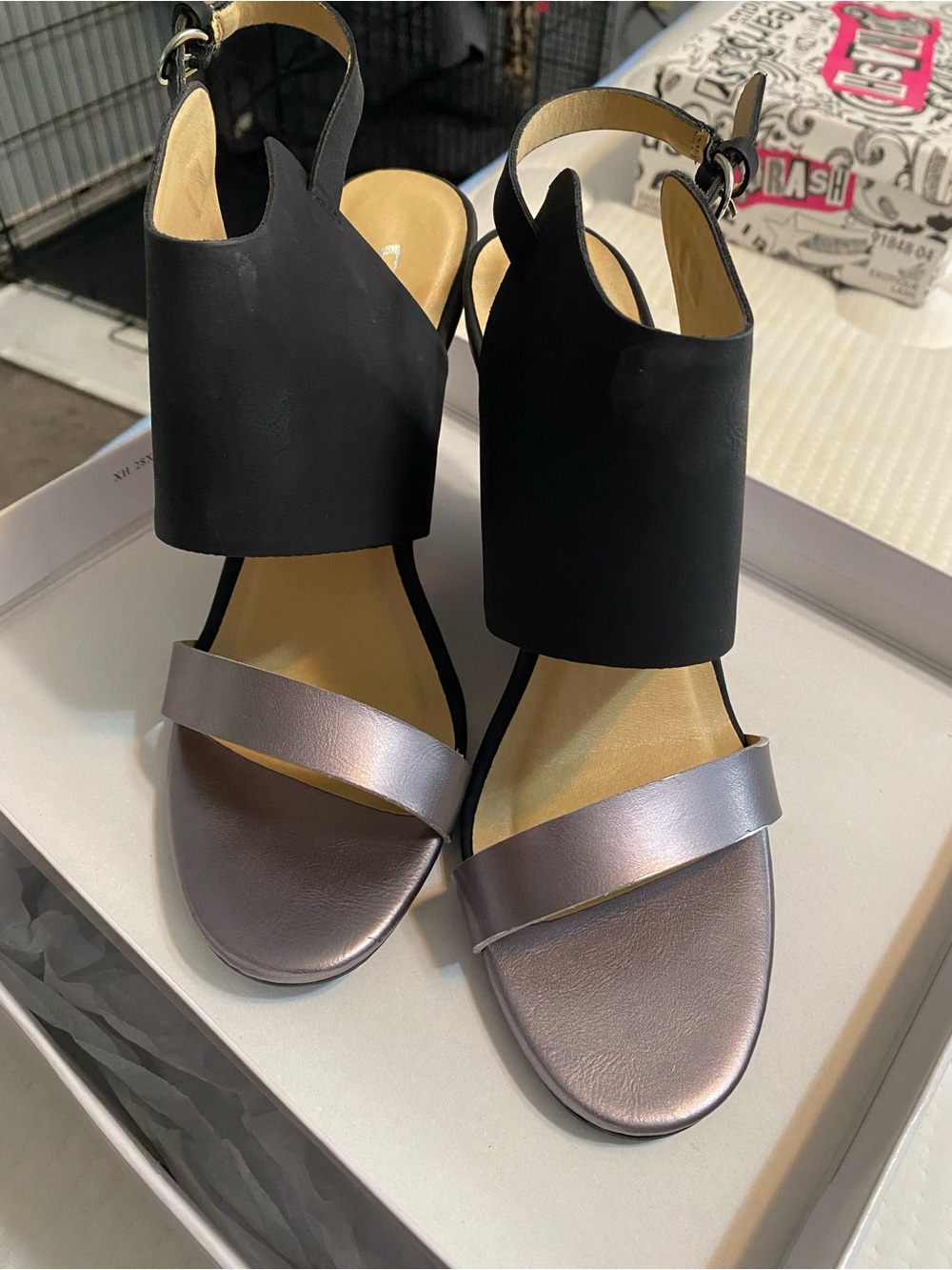 CL by Laundry Black and Metallic Taupe Open-Toe Slingback Heels